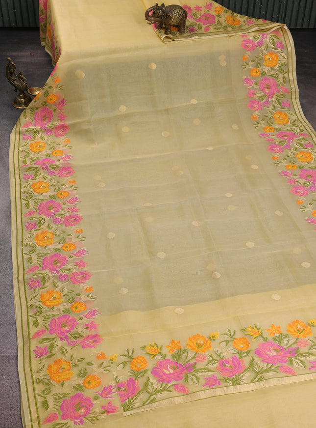Pale Yellow Banarasi Kora Silk Saree