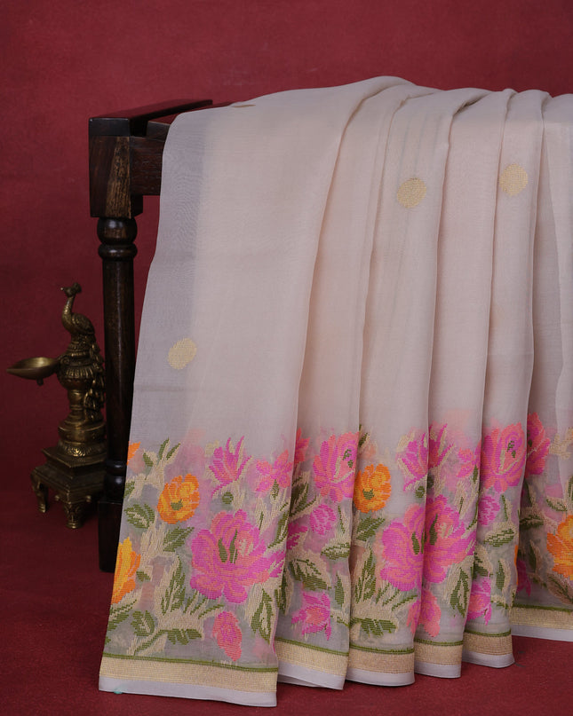 Cream Banarasi Kora Silk Saree