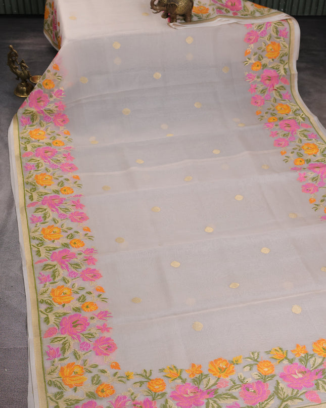 Cream Banarasi Kora Silk Saree