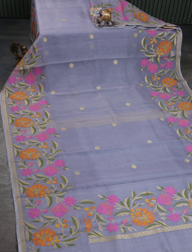 Grey Banarasi Kora Silk Saree