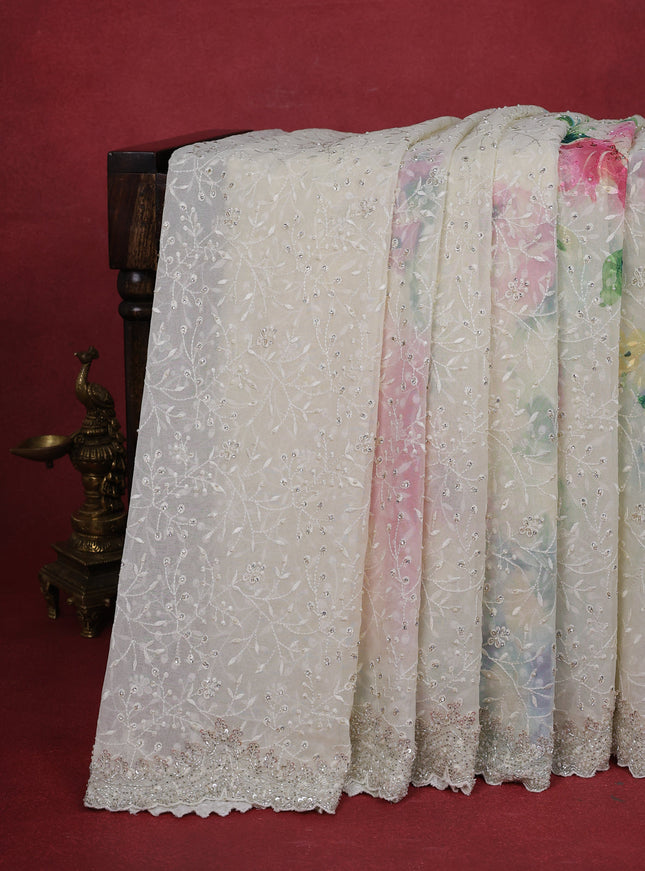 Cream Sequin Embroidered Georgette Saree