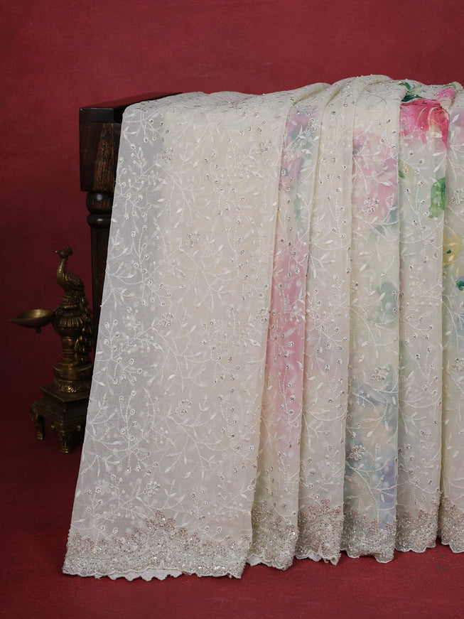 Cream Sequin Embroidered Georgette Saree