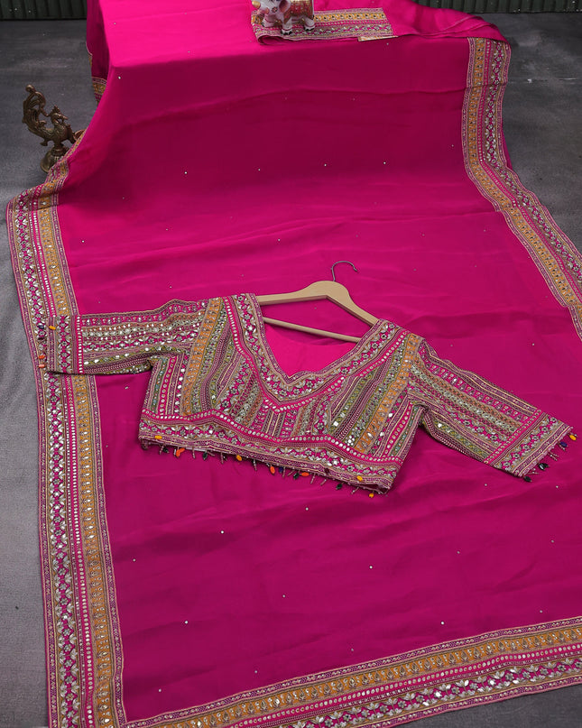 Pink Organza Silk Saree - Embroidery Readymade Blouse