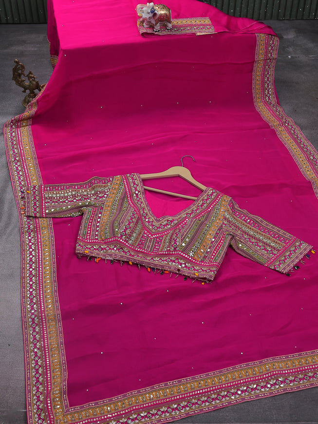 Pink Organza Silk Saree - Embroidery Readymade Blouse