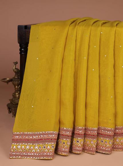 Lime Yellow Organza Silk Saree - Embroidery Readymade Blouse
