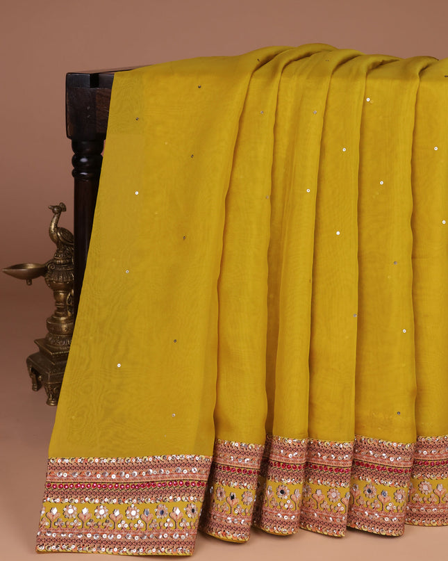 Lime Yellow Organza Silk Saree - Embroidery Readymade Blouse