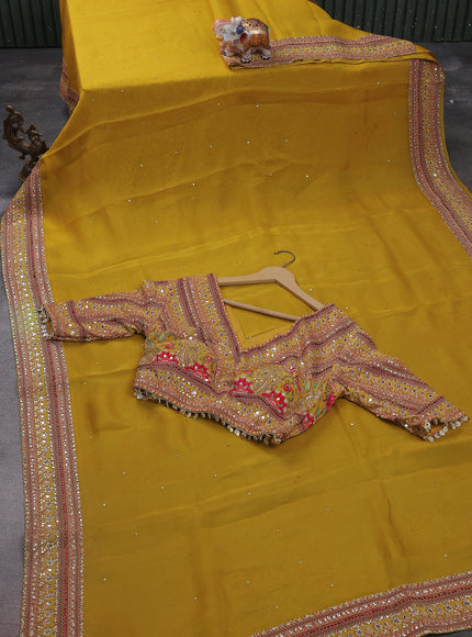Lime Yellow Organza Silk Saree - Embroidery Readymade Blouse