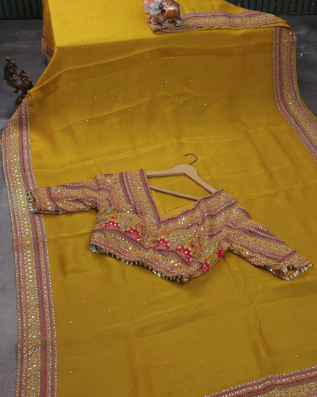 Lime Yellow Organza Silk Saree - Embroidery Readymade Blouse
