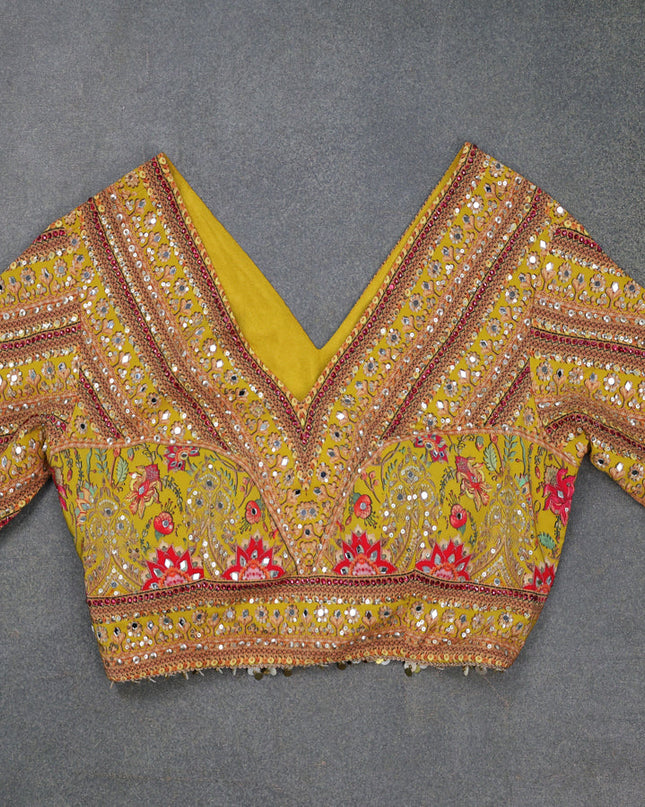 Lime Yellow Organza Silk Saree - Embroidery Readymade Blouse