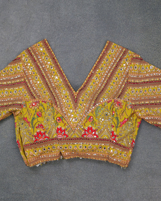 Lime Yellow Organza Silk Saree - Embroidery Readymade Blouse