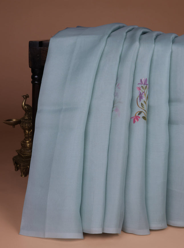 Pastel Blue Organza Hand Painted Silk Saree