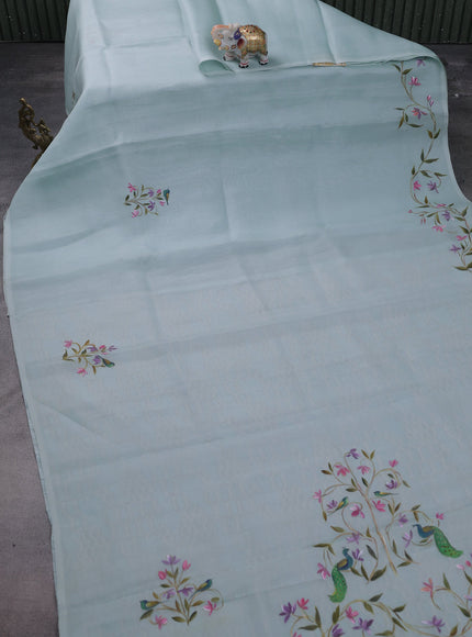 Pastel Blue Organza Hand Painted Silk Saree