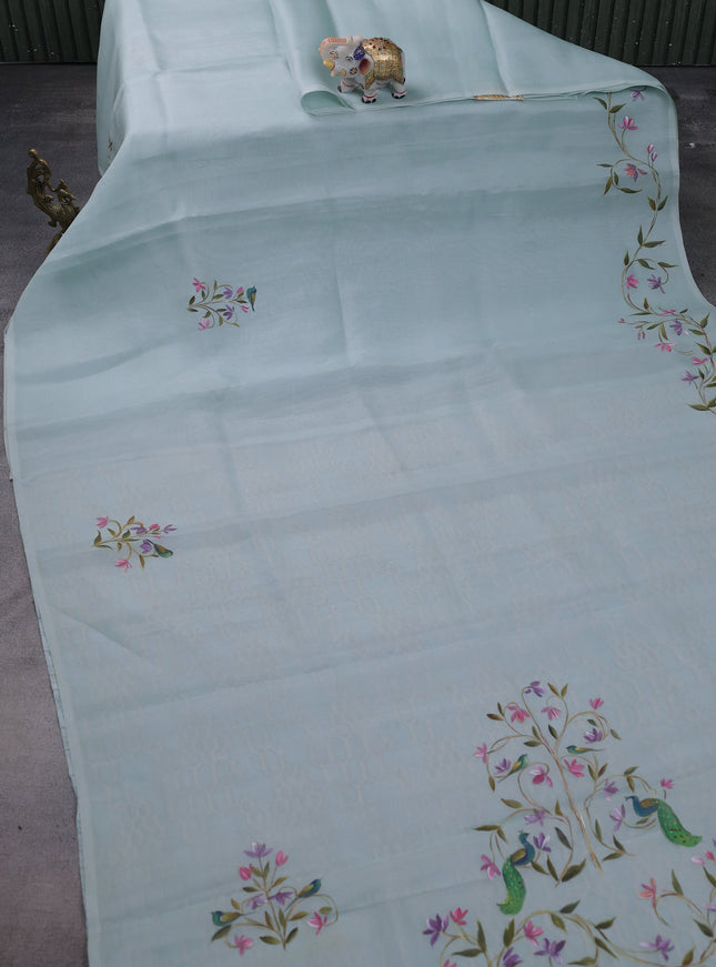 Pastel Blue Organza Hand Painted Silk Saree