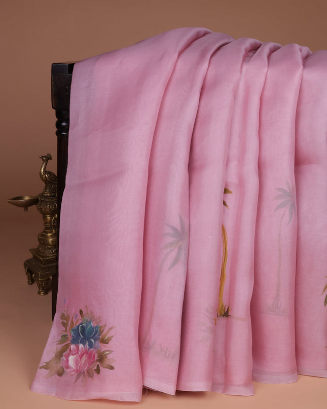 Light Pink Organza Hand Painted Silk Saree