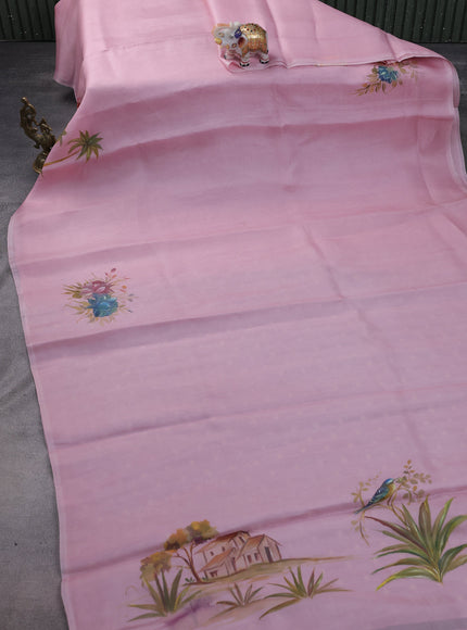 Light Pink Organza Hand Painted Silk Saree