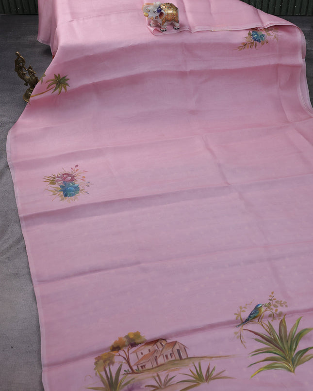 Light Pink Organza Hand Painted Silk Saree