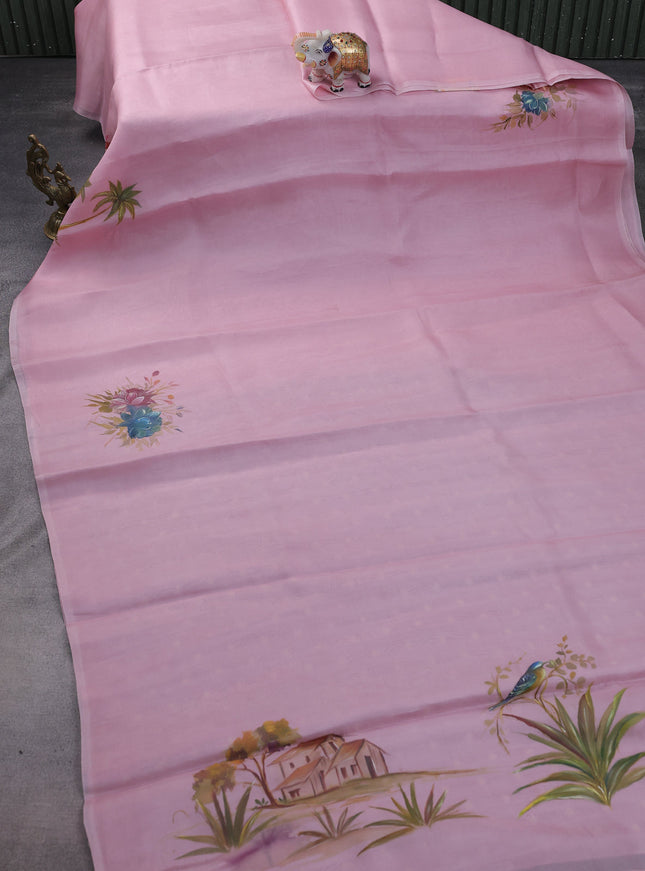 Light Pink Organza Hand Painted Silk Saree