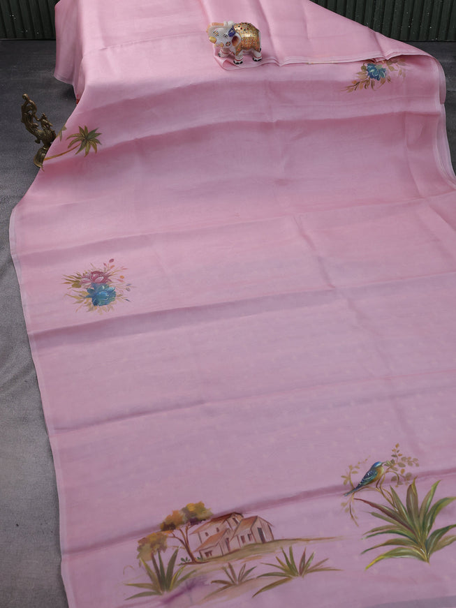 Light Pink Organza Hand Painted Silk Saree