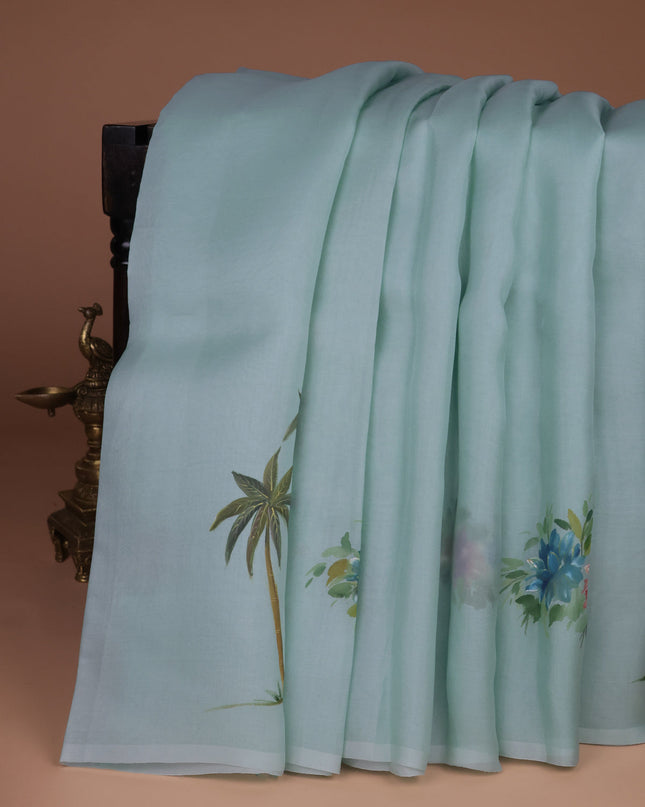 Teal Blue Organza Hand Painted Silk Saree