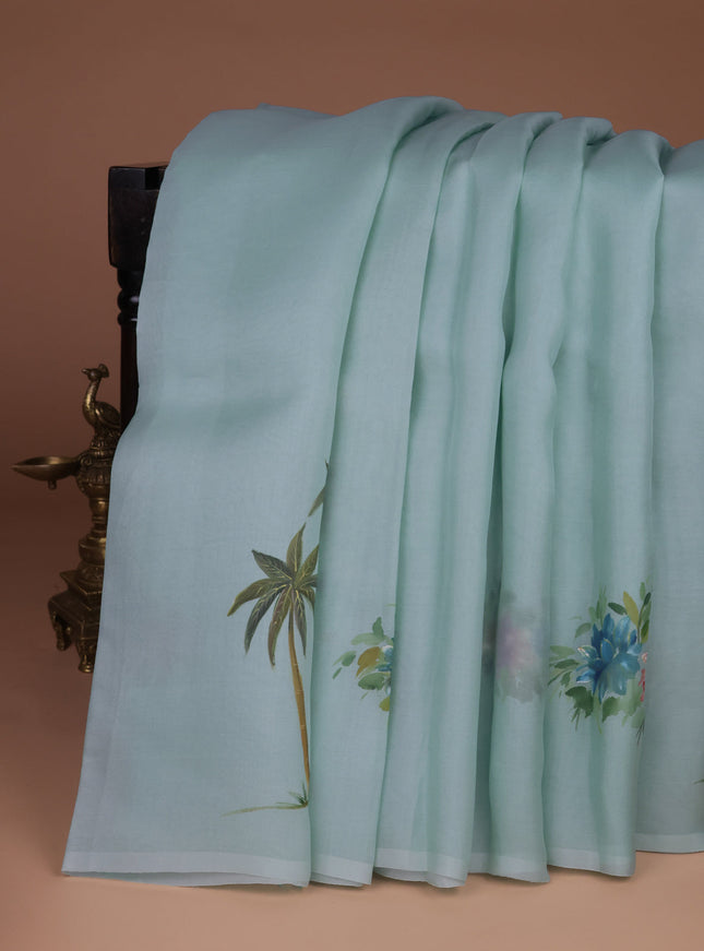 Teal Blue Organza Hand Painted Silk Saree