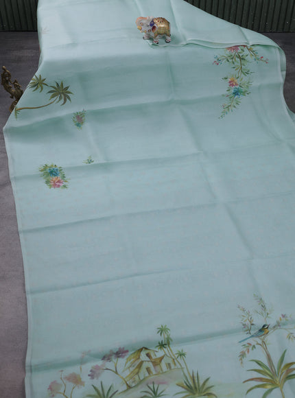 Teal Blue Organza Hand Painted Silk Saree
