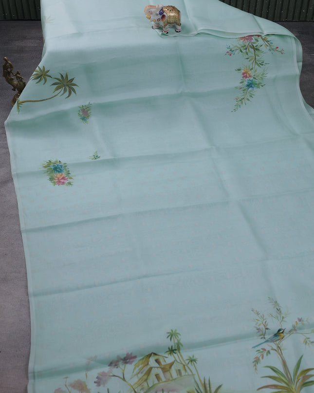 Teal Blue Organza Hand Painted Silk Saree