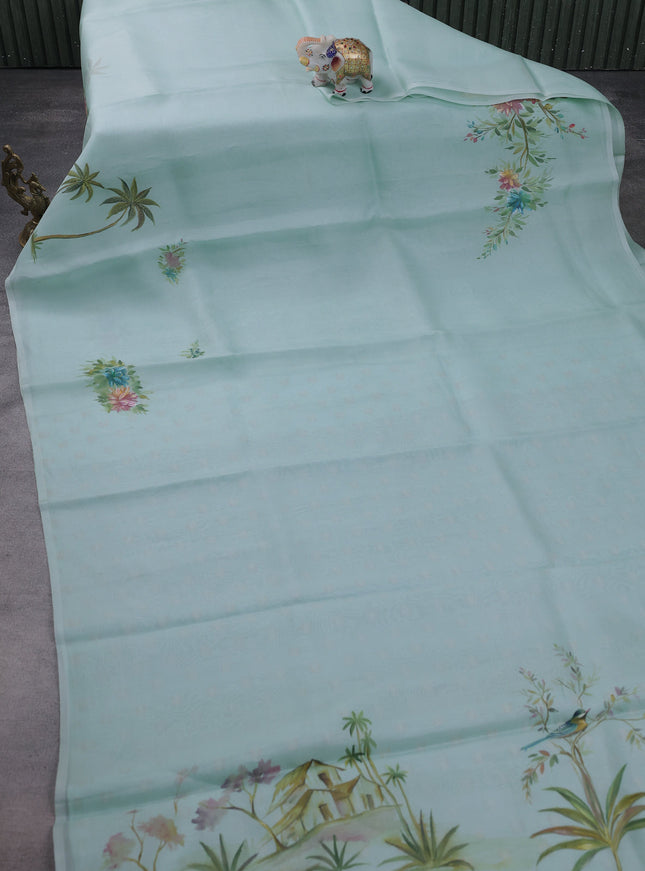Teal Blue Organza Hand Painted Silk Saree