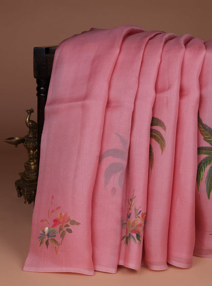 Peach Organza Hand Painted Silk Saree