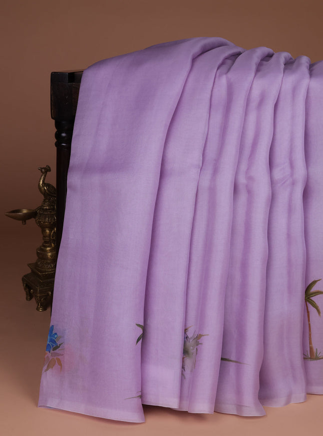 Lavender Organza Hand Painted Silk Saree