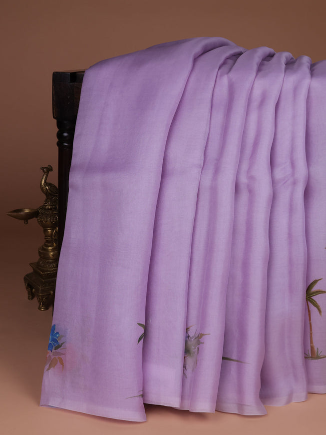 Lavender Organza Hand Painted Silk Saree