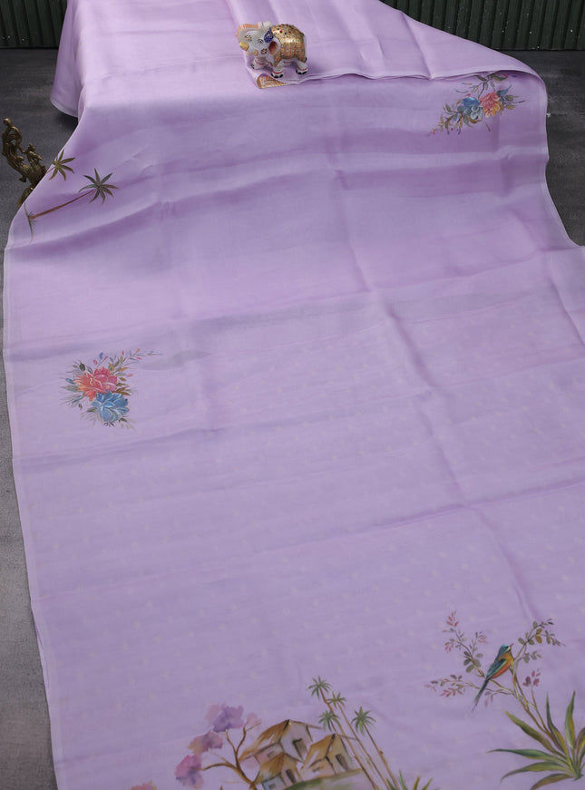 Lavender Organza Hand Painted Silk Saree