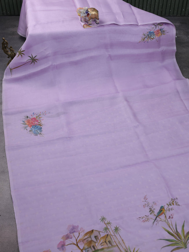 Lavender Organza Hand Painted Silk Saree