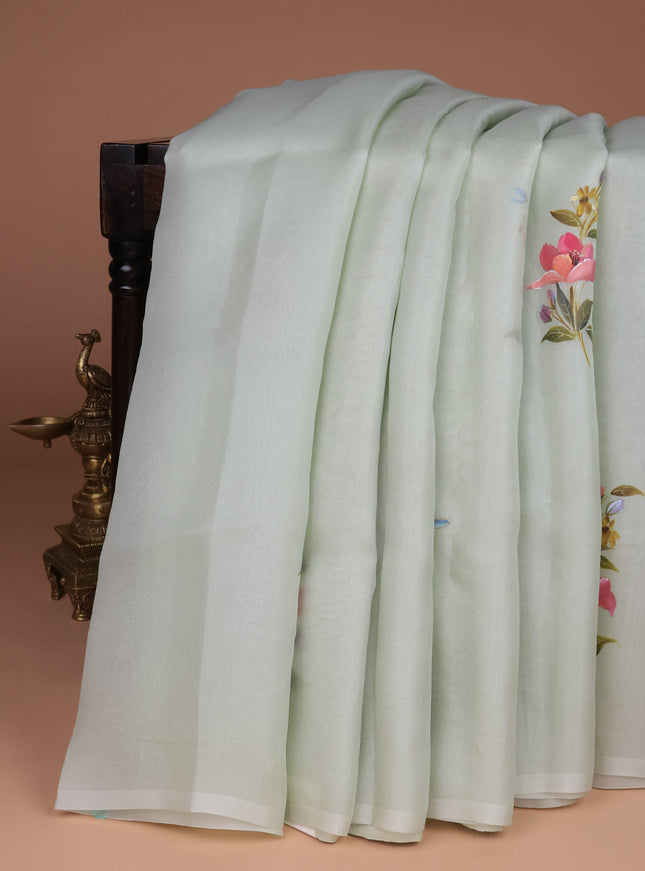 Pastel Green Organza Hand Painted Silk Saree