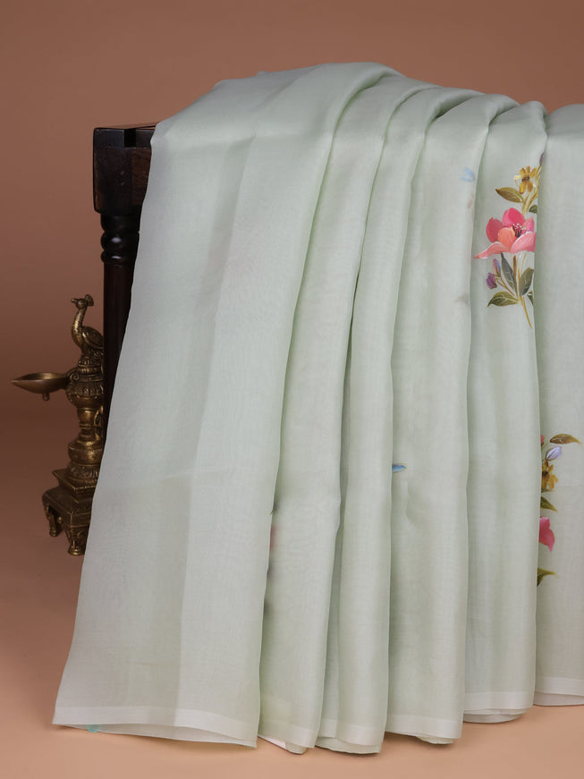 Pastel Green Organza Hand Painted Silk Saree