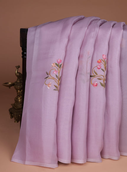 Mild Lavender Organza Hand Painted Silk Saree