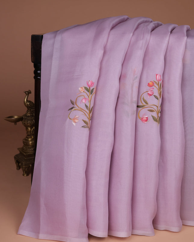 Mild Lavender Organza Hand Painted Silk Saree