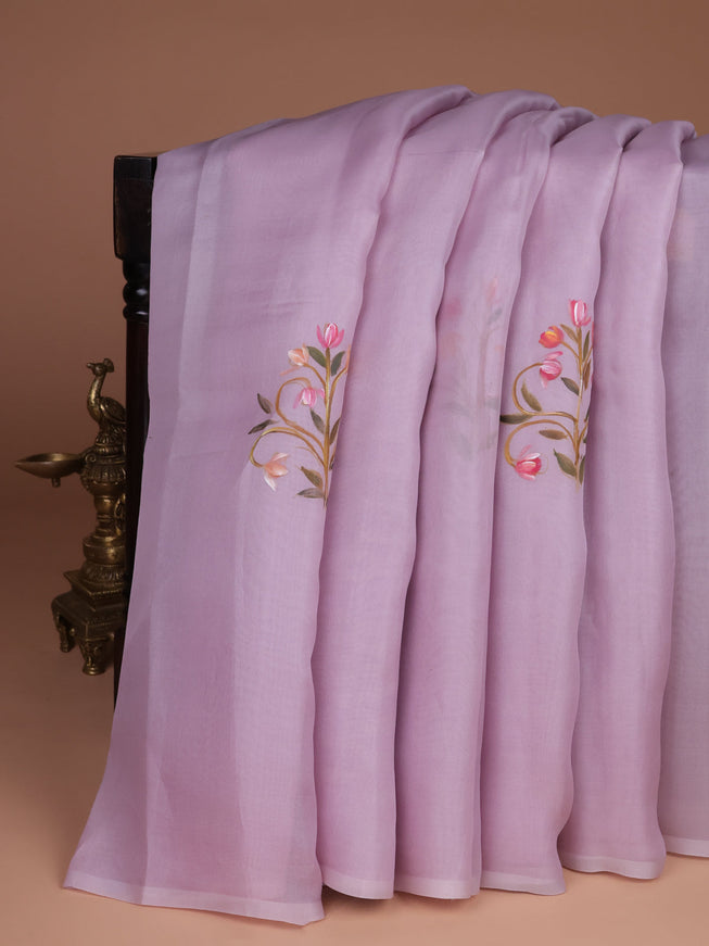 Mild Lavender Organza Hand Painted Silk Saree