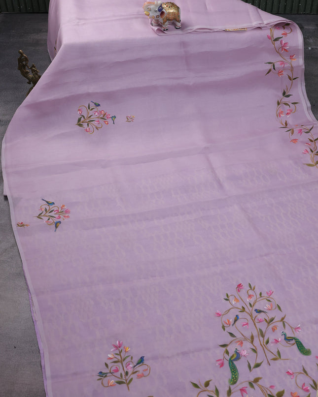 Mild Lavender Organza Hand Painted Silk Saree