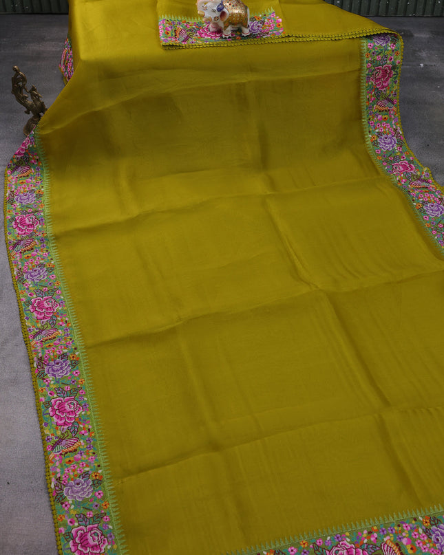 Lime Yellow Organza Silk Saree