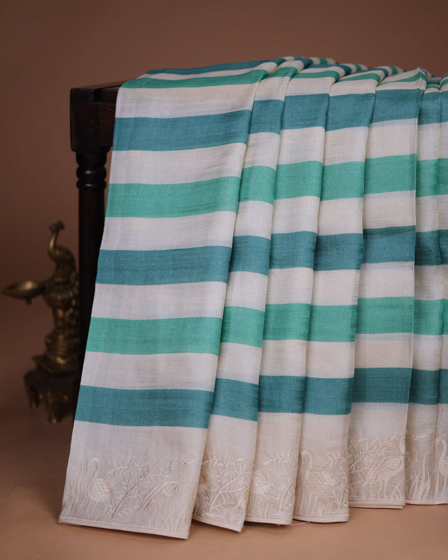 Off White -Green Tussar Silk Saree