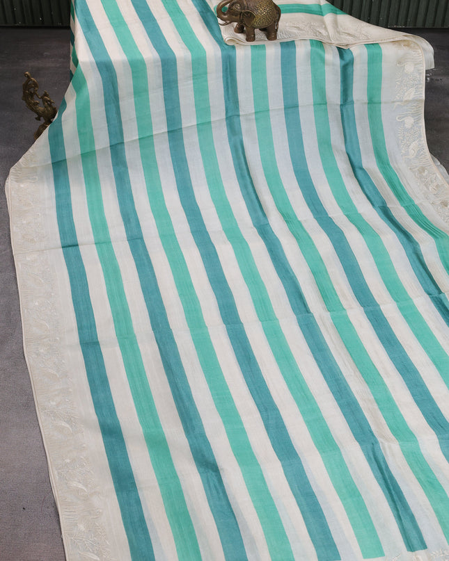 Off White -Green Tussar Silk Saree
