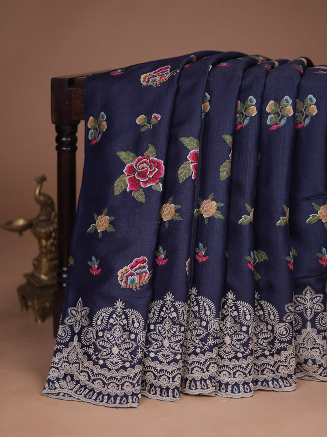 Dark Blue Tussar Silk Saree