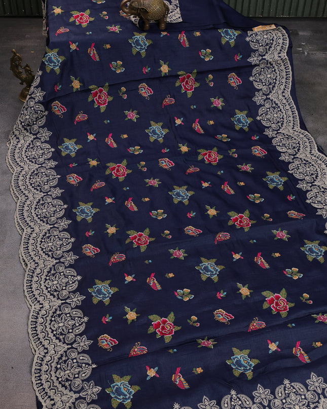 Dark Blue Tussar Silk Saree