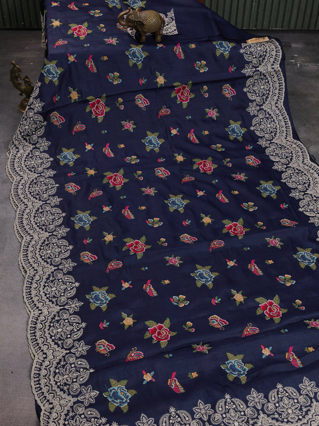 Dark Blue Tussar Silk Saree