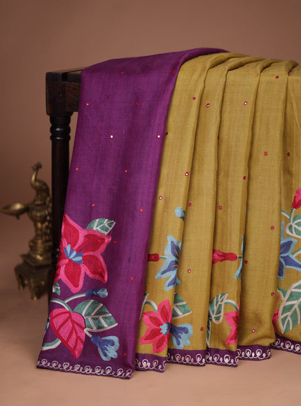 Mustard Yellow-Purple Tussar Silk Saree