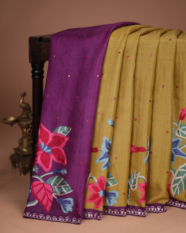 Mustard Yellow-Purple Tussar Silk Saree