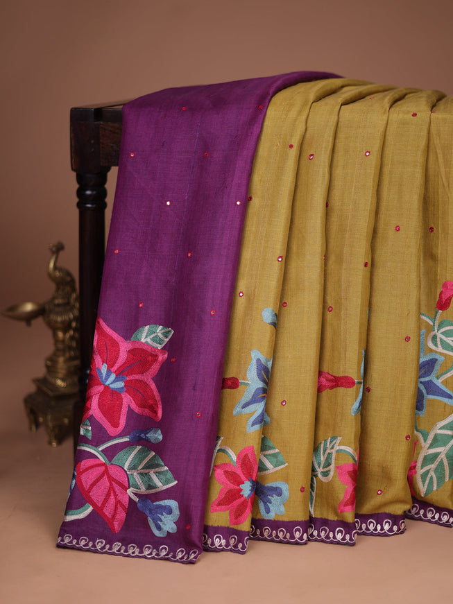 Mustard Yellow-Purple Tussar Silk Saree