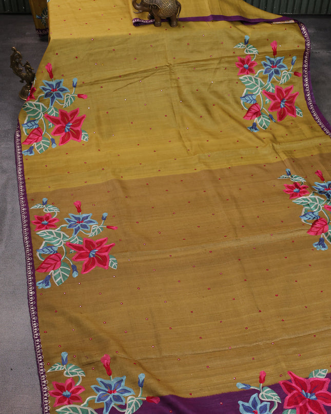 Mustard Yellow-Purple Tussar Silk Saree