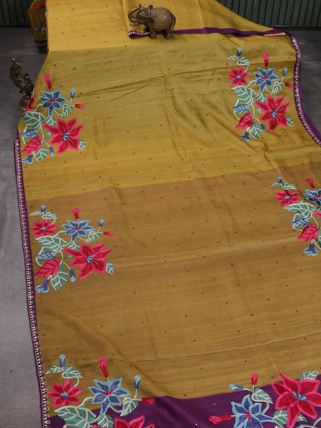 Mustard Yellow-Purple Tussar Silk Saree