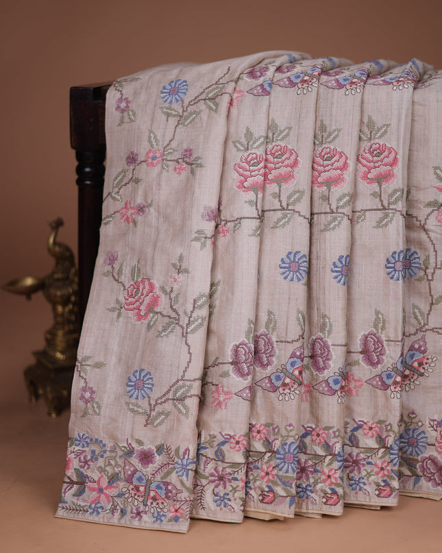 Beige Tussar Silk Saree